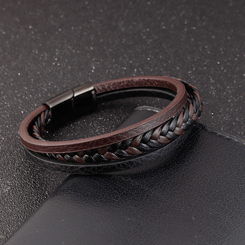 Titanium Steel Men's Leather Bracelet Double Layer