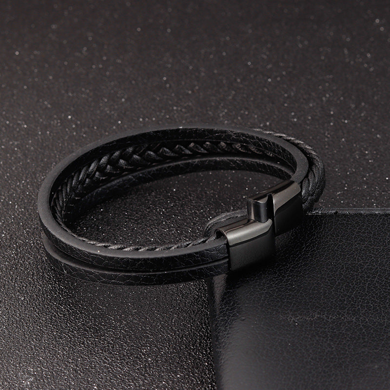 Titanium Steel Men's Leather Bracelet Double Layer