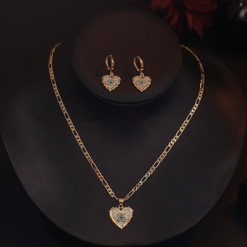 Fashion Jewelry Personality Copper Plated Real Gold Heart-shaped Zircon Pendant Necklace And Earrings Suite