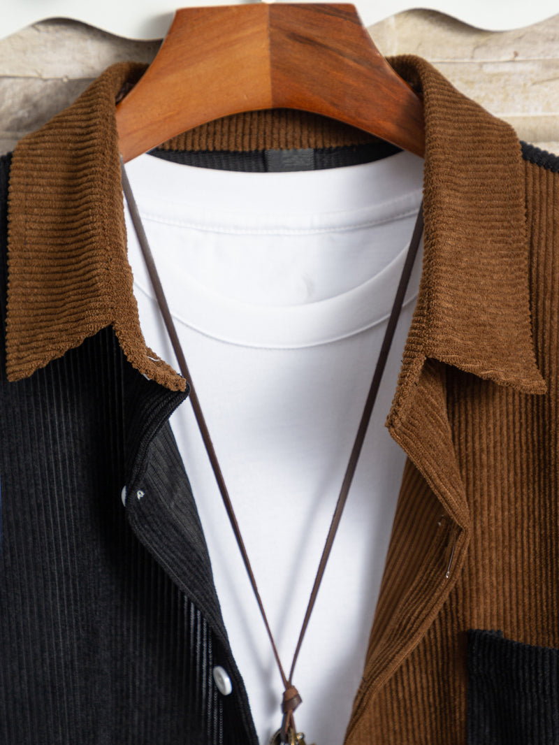 Camisa de bolso de manga comprida de veludo de lazer masculino